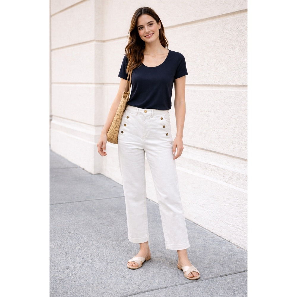 Ann Taylor Sailor Style Cropped Pants Ivory/Cream Sz 2P High Waist Button Detail